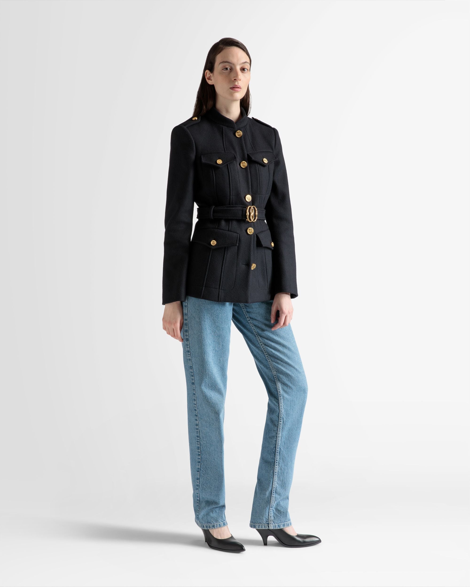 Veste avec ceinture En laine bleu marine - Femme - Bally - 02