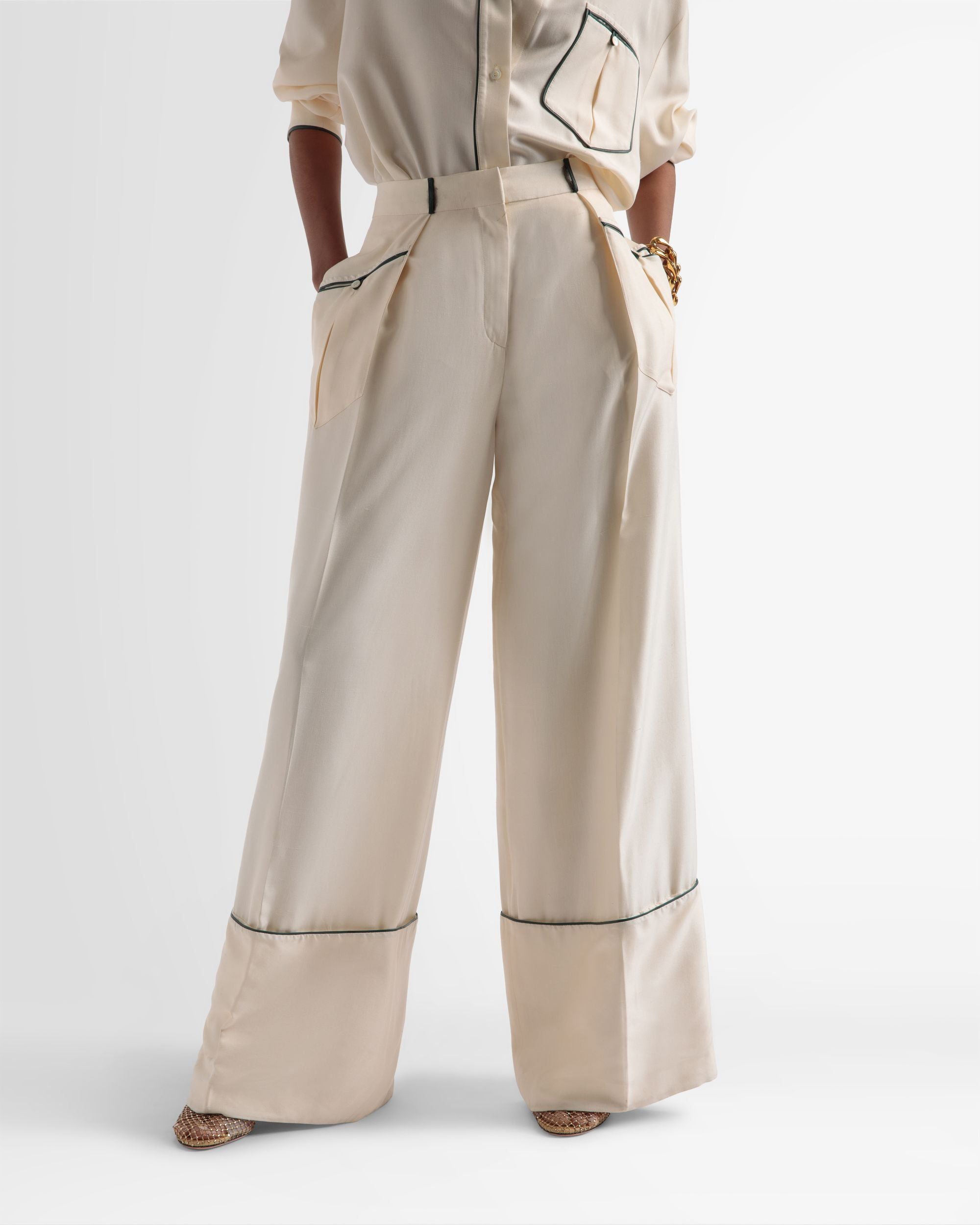 Pantalon En Soie À Jambe Large De Couleur Ivoire - Femme - Bally - 02