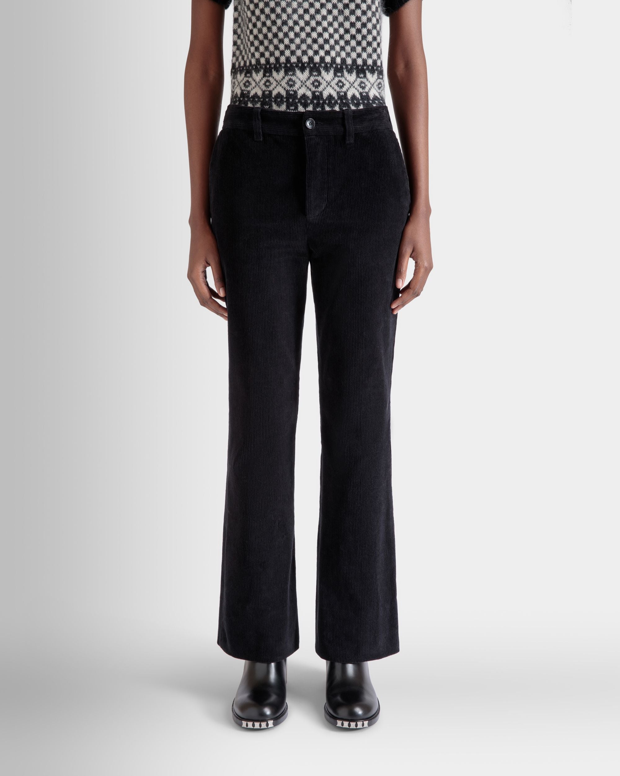 Pantalon Évasé En Velours Côtelé De Coton Noir - Femme - Bally - 03